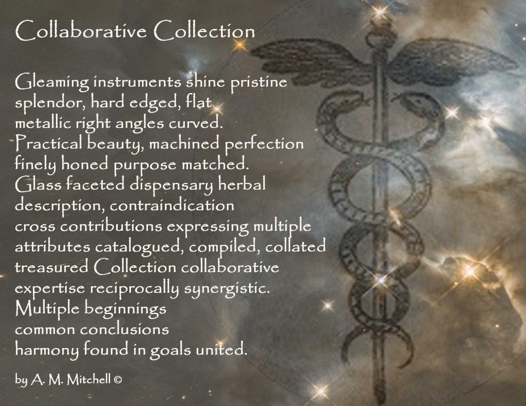 Collaborative Collection Gleaming instruments shine pristine splendor, hard edged, flat metallic right angles curved. Practical beauty, machined perfection finely honed purpose matched. Glass faceted dispensary herbal description, contraindication cross contributions expressing multiple attributes catalogued, compiled, collated treasured Collection collaborative expertise reciprocally synergistic. Multiple beginnings common conclusions harmony found in goals united. by A. M. Mitchell ©