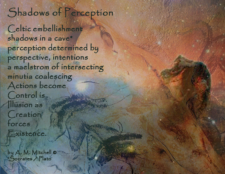 Shadows of Perception Celtic embellishment shadows in a cave* perception determined by perspective, intentions a maelstrom of intersecting minutia coalescing actions become control is illusion as creation forces existence. by A. M. Mitchell © *Socrates / Plato