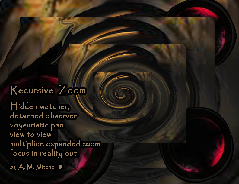 Recursive 
Zoom

Hidden watcher,
detached observer
voyeuristic pan
view to view
multiplied expanded zoom
focus in reality out. 

by A. M. Mitchell ©