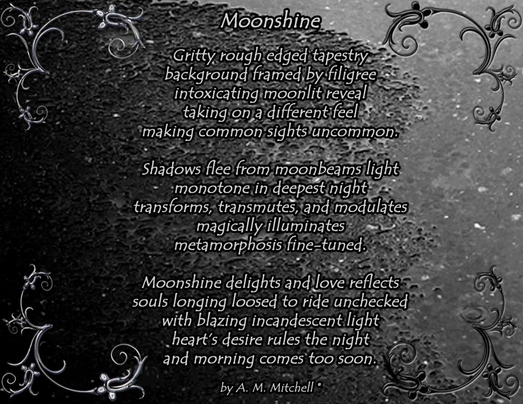 Moonshine Gritty rough edged tapestry background framed by filigree intoxicating moonlit reveal taking on a different feel making common sights uncommon. Shadows flee from moonbeams light monotone in deepest night transforms, transmutes, and modulates magically illuminates metamorphosis fine-tuned. Moonshine delights and love reflects souls longing loosed to ride unchecked with blazing incandescent light heart’s desire rules the night and morning comes too soon. by A. M. Mitchell ©