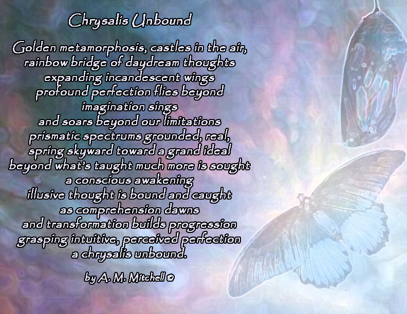 Chrysalis Unbound Golden metamorphosis, castles in the air, rainbow bridge of daydream thoughts expanding incandescent wings profound perfection flies beyond imagination sings and soars beyond our limitations prismatic spectrums grounded, real, spring skyward toward a grand ideal beyond what’s taught much more is sought a conscious awakening illusive thought is bound and caught as comprehension dawns and transformation builds progression grasping intuitive, perceived perfection a chrysalis unbound. by A. M. Mitchell ©