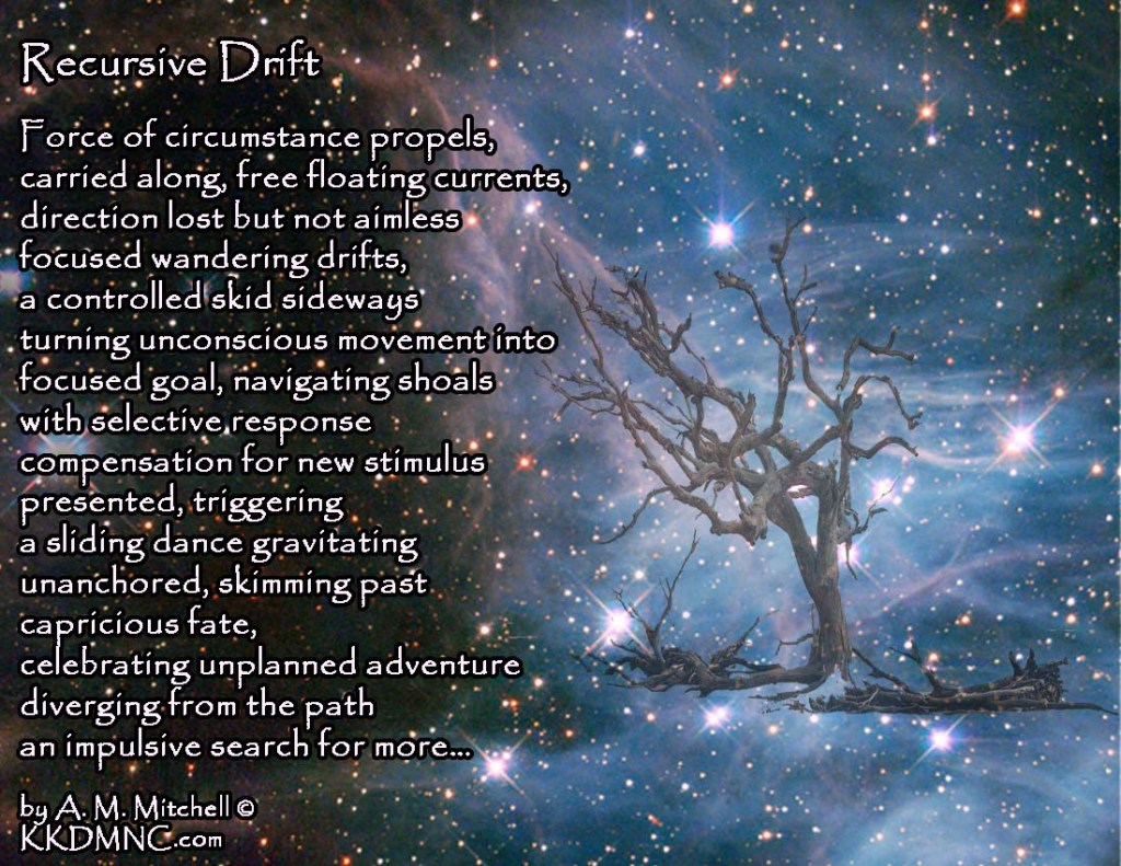 Recursive Drift Force of circumstance propels, carried along, free floating currents, direction lost but not aimless focused wandering drifts, a controlled skid sideways turning unconscious movement into focused goal, navigating shoals with selective response compensation for new stimulus presented, triggering a sliding dance gravitating unanchored, skimming past capricious fate, celebrating unplanned adventure diverging from the path an impulsive search for more… by A. M. Mitchell © KKDMNC.com