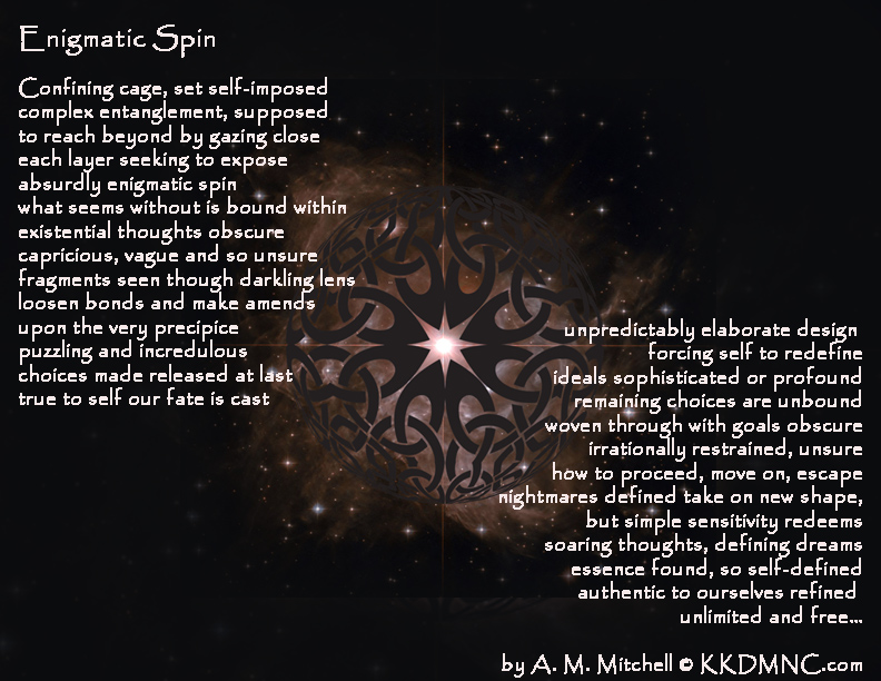 Enigmatic Spin Confining cage, set self-imposed complex entanglement, supposed to reach beyond by gazing close each layer seeking to expose absurdly enigmatic spin what seems without is bound within existential thoughts obscure capricious, vague and so unsure fragments seen though darkling lens loosen bonds and make amends upon the very precipice puzzling and incredulous choices made released at last true to self our fate is cast unpredictably elaborate design forcing self to redefine ideals sophisticated or profound remaining choices are unbound woven through with goals obscure irrationally restrained, unsure how to proceed, move on, escape nightmares defined take on new shape, but simple sensitivity redeems soaring thoughts, defining dreams essence found, so self-defined authentic to ourselves refined unlimited and free… by A. M. Mitchell © KKDMNC.com