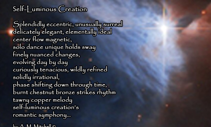 Self-Luminous Creation Splendidly eccentric, unusually surreal delicately elegant, elementally ideal center flow magnetic, solo dance unique holds sway finely nuanced changes, evolving day by day curiously tenacious, wildly refined solidly irrational, phase shifting down through time, burnt chestnut bronze strikes rhythm tawny copper melody self-luminous creation’s romantic symphony… by A. M. Mitchell © KKDMNC.com