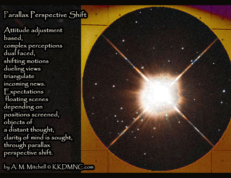 Parallax Perspective Shift Attitude adjustment based, complex perceptions dual faced, shifting motions dueling views triangulate incoming news. Expectations floating scenes depending on positions screened, objects of a distant thought, clarity of mind is sought, through parallax perspective shift. by A. M. Mitchell © KKDMNC.com