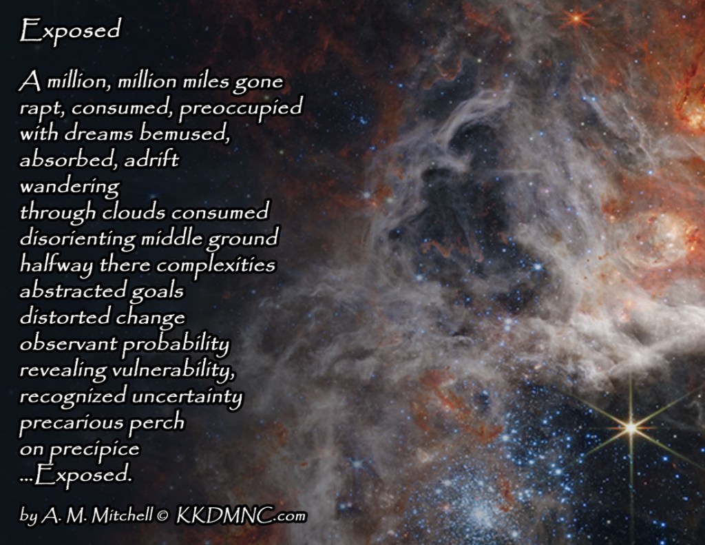 Exposed A million, million miles gone rapt, consumed, preoccupied with dreams bemused, absorbed, adrift wandering through clouds consumed disorienting middle ground halfway there complexities abstracted goals distorted change observant probability revealing vulnerability, recognized uncertainty precarious perch on precipice …Exposed. by A. M. Mitchell © KKDMNC.com